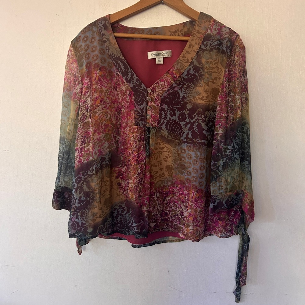 Coldwater Creek Silk Blouse Women Large Petite Patchwork Paisley Boho Whimsigoth